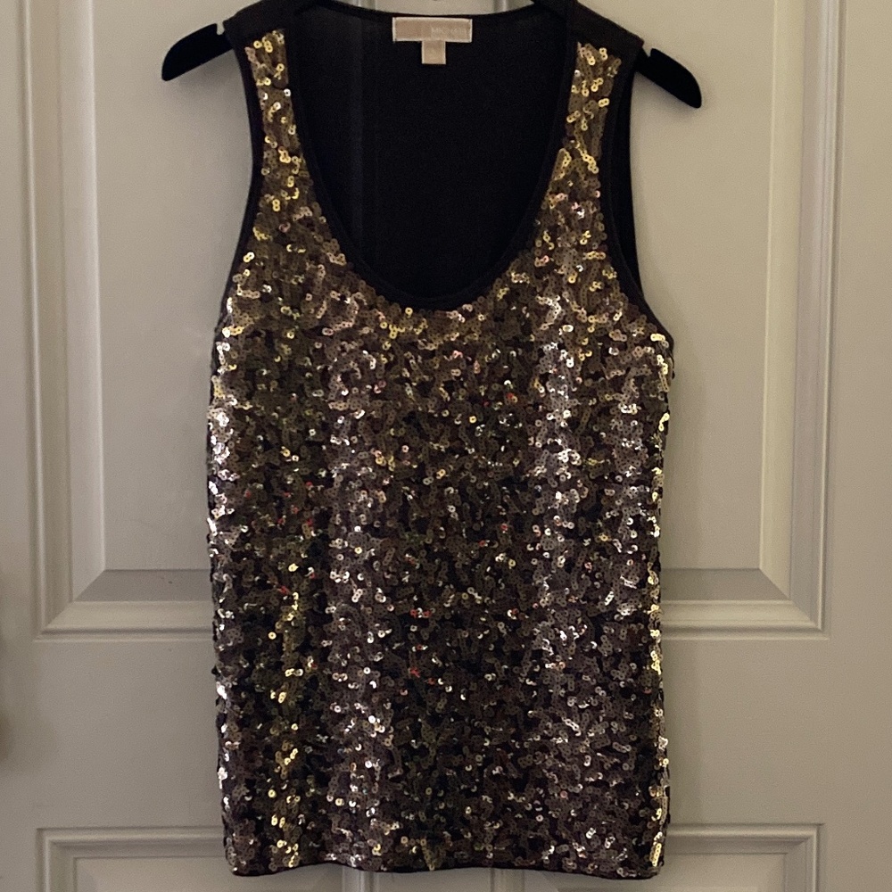 Michael Kors Chocolate Sleeveless Scoop Neck Top/Gold Sequins/L/EUC/WORN ONCE!